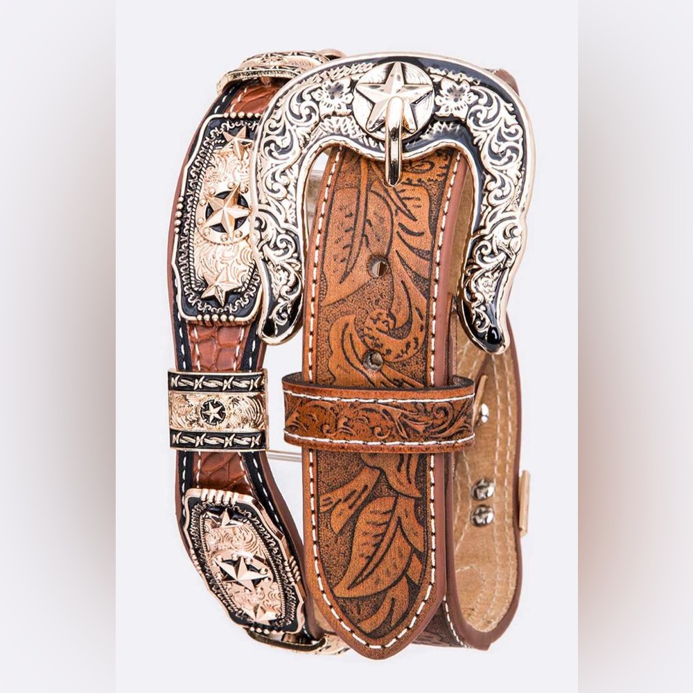 Men’s Camel Genuine Leather Rodeo Concho Western Statement Belt